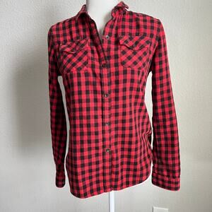 Uniqlo Red Plaid Authentic Flannel Shirt Women's M Collared Button Down Front
